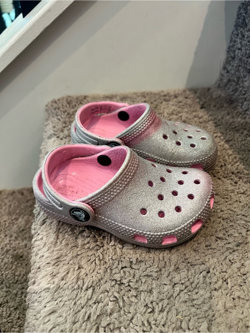 CROCS Kids Glitter Clogs in Silver with Pink Lining